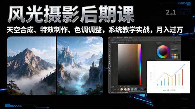风光摄影后期课,一键换天空合成、特效制作、色调调整,月入过万-老K爱搞钱