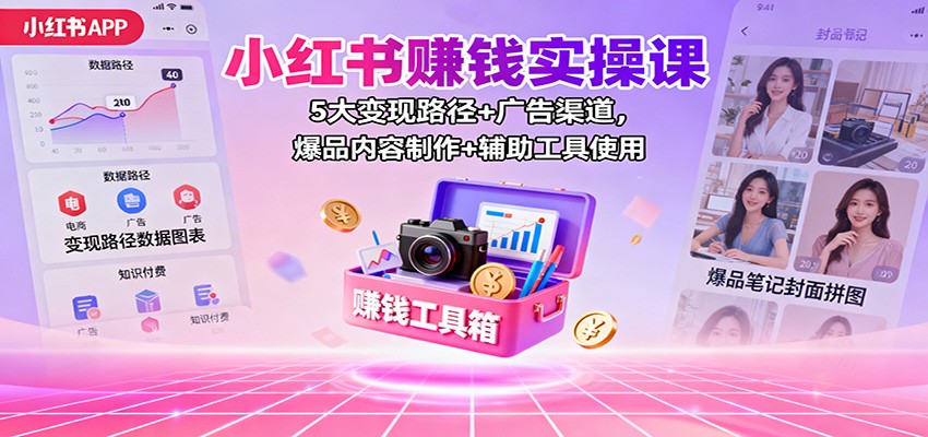 小红书赚钱实操课：5大变现路径+广告渠道，爆品内容制作+辅助工具使用-老K爱搞钱