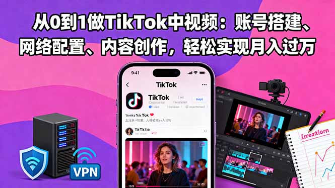 从0到1做TikTok中视频：账号搭建、网络配置、内容创作，轻松实现月入过万-老K爱搞钱