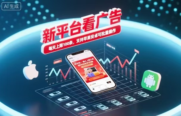 新台看广告,养好机一条5毛到5块,单机日入30到100,支持苹果安卓,可批量操作。-老K爱搞钱