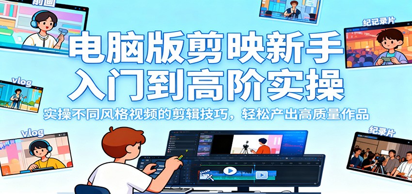 电脑版剪映新手入门到高阶实操，实操不同风格视频的剪辑技巧，轻松产出高质量作品-老K爱搞钱