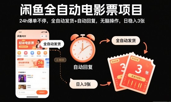 闲鱼全自动电影票项目，24h爆单不停，全自动发货+自动回复，无脑操作，日稳入3张【揭秘】-老K爱搞钱