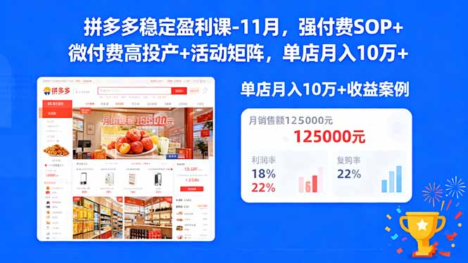 拼多多稳定盈利课-11月，强付费SOP+微付费高投产+活动矩阵，单店月入10w+-老K爱搞钱